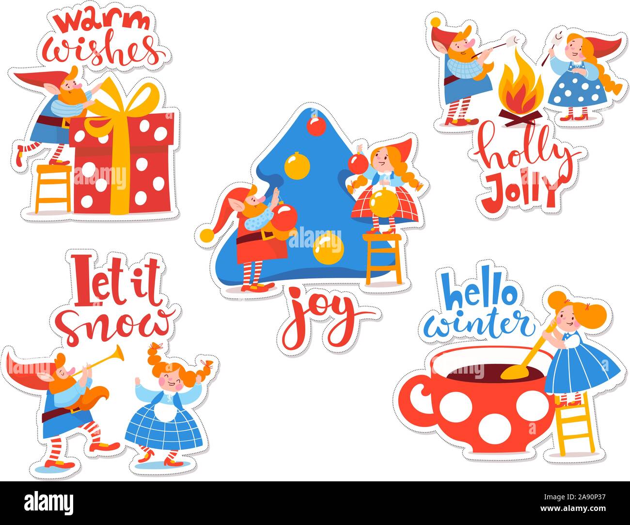 Autocollants avec funny cartoon caractères elf et lettrage Noël Illustration de Vecteur