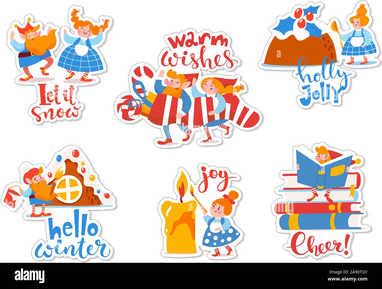 Cartoon caractères autocollants avec Elf et lettrage Noël Illustration de Vecteur