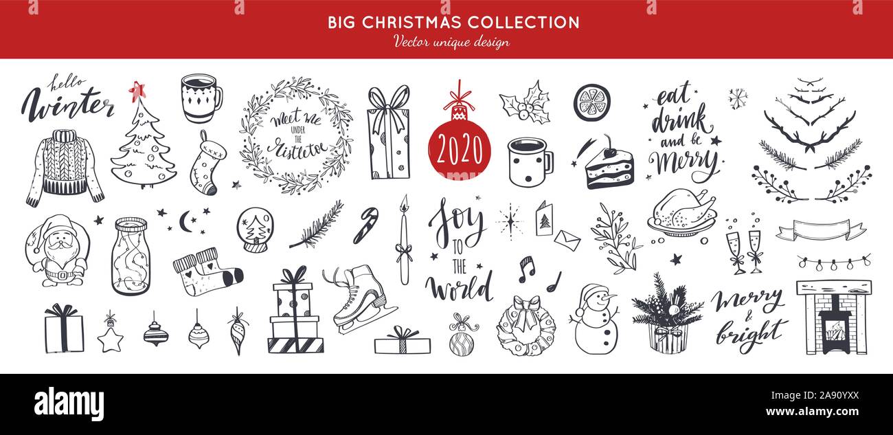 Gros Joyeux Noël et Bonne Année vecteur de fête collection. Différents éléments doodle dessiné à la main, arbre de Noël, foyer, coxy chandail, Winte Illustration de Vecteur