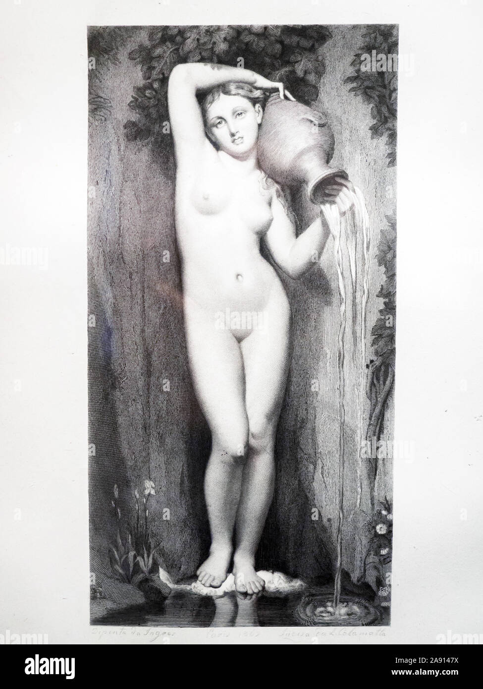 La Source (1867) de Luigi Calamatta (1801 - 1869) copie après Jean Auguste Dominique Ingres (1780 - 1867) Gravure et buring - villa Farnesina, Rome, Italie Banque D'Images
