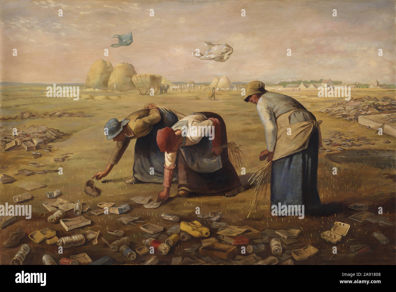 Parodie de "Les Glaneurs" par Jean-François Millet, le ramassage des ordures du blé pas Banque D'Images