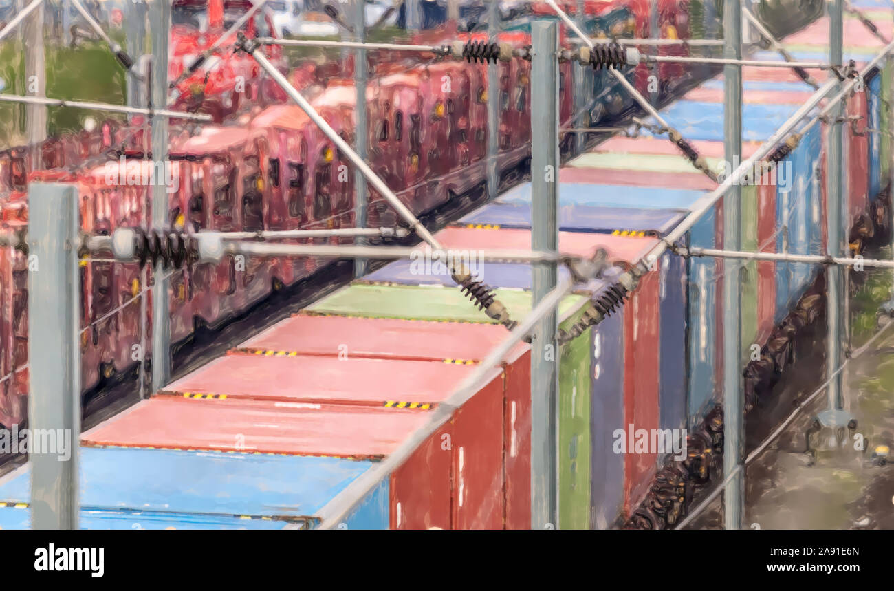 Aquarelle illustration : l'enregistrement d'un wagon de marchandises sur les rails avec les conteneurs de couleur, résumé Banque D'Images