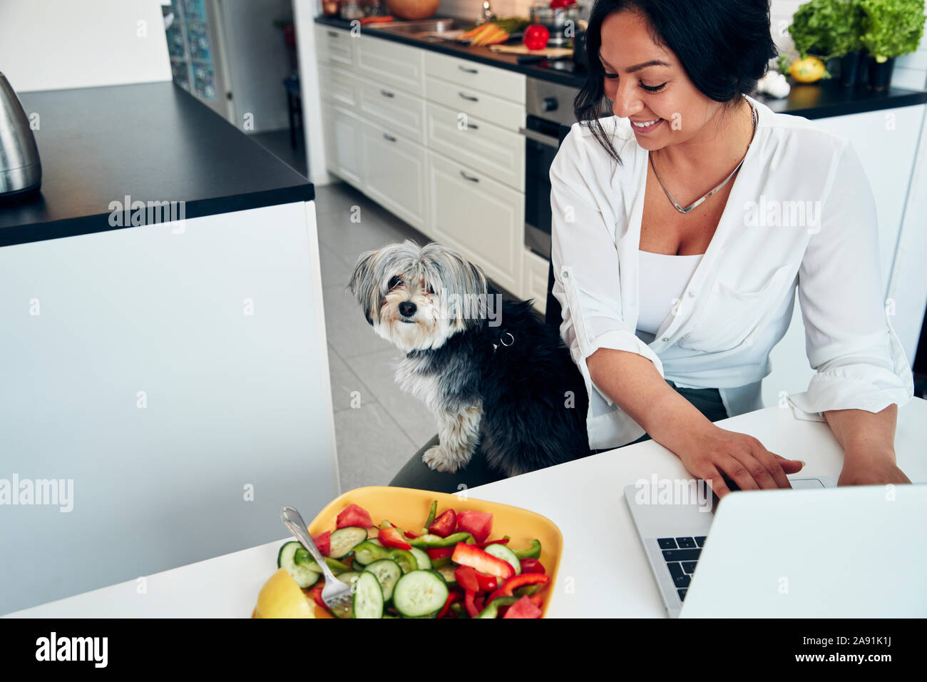 Smiling woman in kitchen using laptop Banque D'Images
