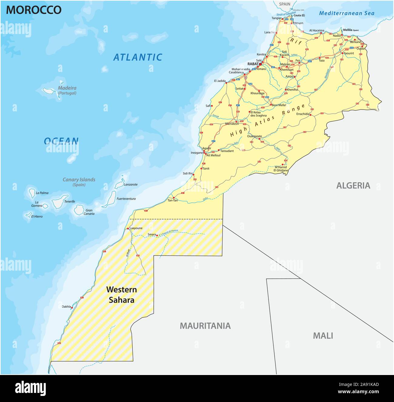 Carte routière du Royaume du Maroc Illustration de Vecteur