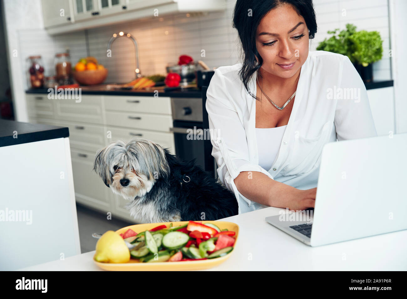 Woman using laptop in kitchen Banque D'Images