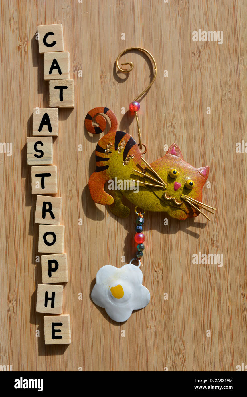Catastrophe, mot en lettres de l'alphabet en bois faits à la main, avec un chat en métal peinte à la main d'un ornement sur fond de bois de bambou Banque D'Images