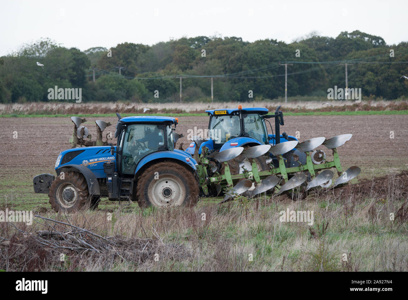 Blue New Holland T7 les labours et les semences tracteurs dans un champ à Hayling Island UK Banque D'Images