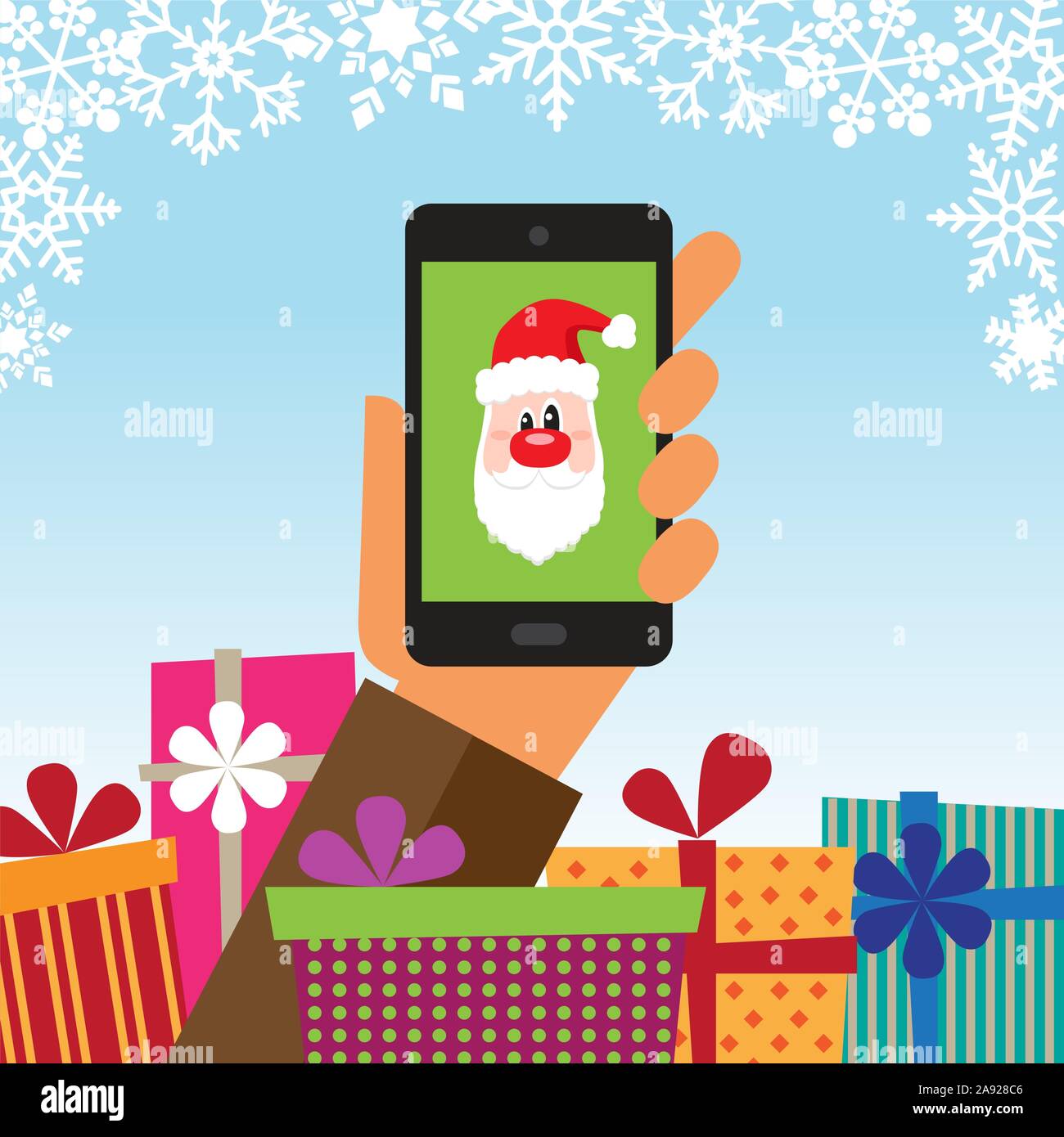 Main tenant un téléphone mobile avec b-8810 et du Père Noël sur l'appareil. Vector illustration. Illustration de Vecteur