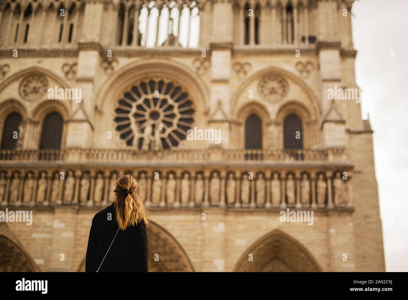Woman looking at façade de Notre Dame de Paris, Paris, France Banque D'Images