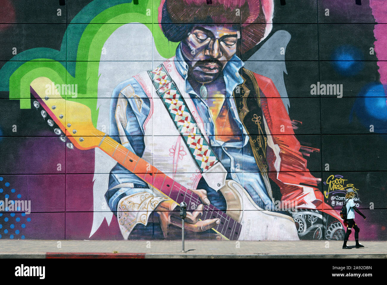 Peintures murales de Jimi Hendrix au Guitar Center Music Store sur Sunset Boulevard, Hollywood, Los Angeles, Californie, États-Unis Banque D'Images