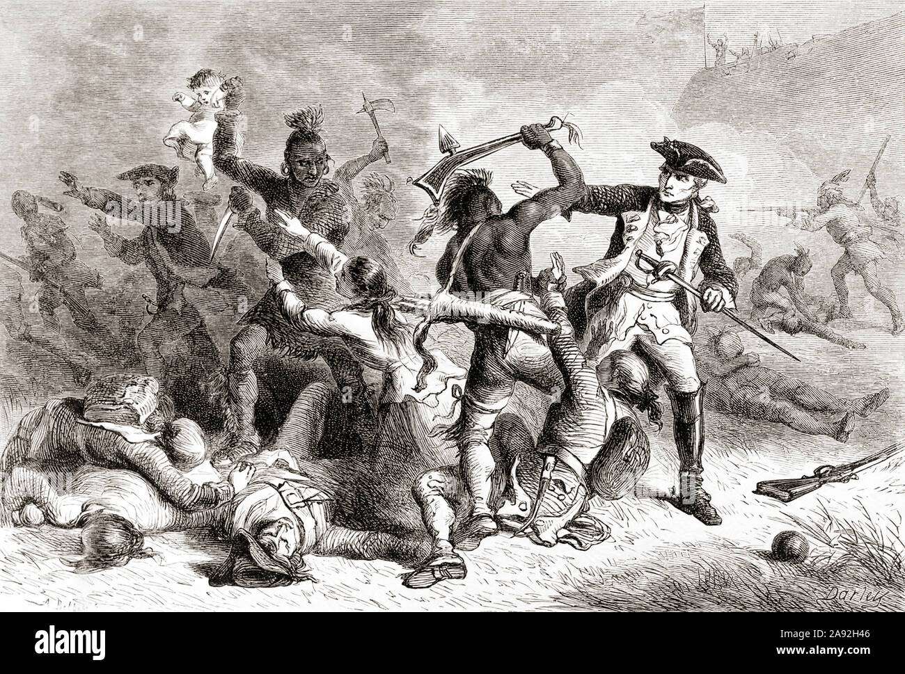 Le général français Louis-Joseph de Montcalm, 1712 -1759. Ici vu essayer d'arrêter ses alliés autochtones américaines de tuer des soldats britanniques et des civils qui s'étaient rendus après la bataille de Fort William Henry pendant la guerre de Sept Ans, 1754 - 1763. Banque D'Images