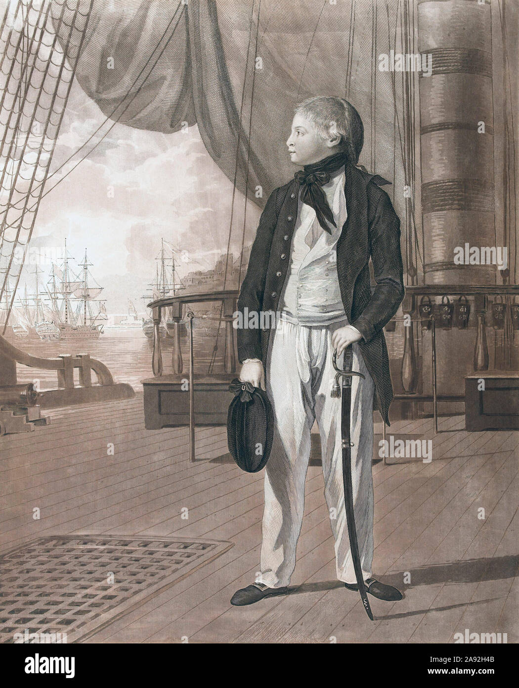 Le prince William Henry, 1765-1837, plus tard William IV, Roi du Royaume-Uni de Grande-Bretagne et d'Irlande et aussi roi de Hanovre à partir de 1830 jusqu'à sa mort. La gravure lui montre comme aspirant de marine dans la Marine royale, où il est entré à l'âge de 13 ans. Il était présent à la bataille du Cap Saint-Vincent en 1780 lorsqu'il avait 14 ans et l'image est pensée pour commémorer cet événement. L'imprimer par Francesco Bartolozzi est basée sur un travail de l'artiste Benjamin West et a été publié en 1782. Banque D'Images