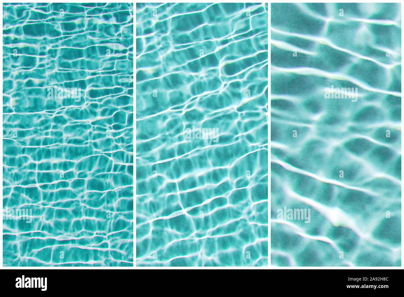 Triptyque collage de surface de l'eau de la piscine claire avec des ondulations dans le quartier branché de couleur menthe neo. La texture de l'eau de piscine. Texture abstrait d'été Banque D'Images