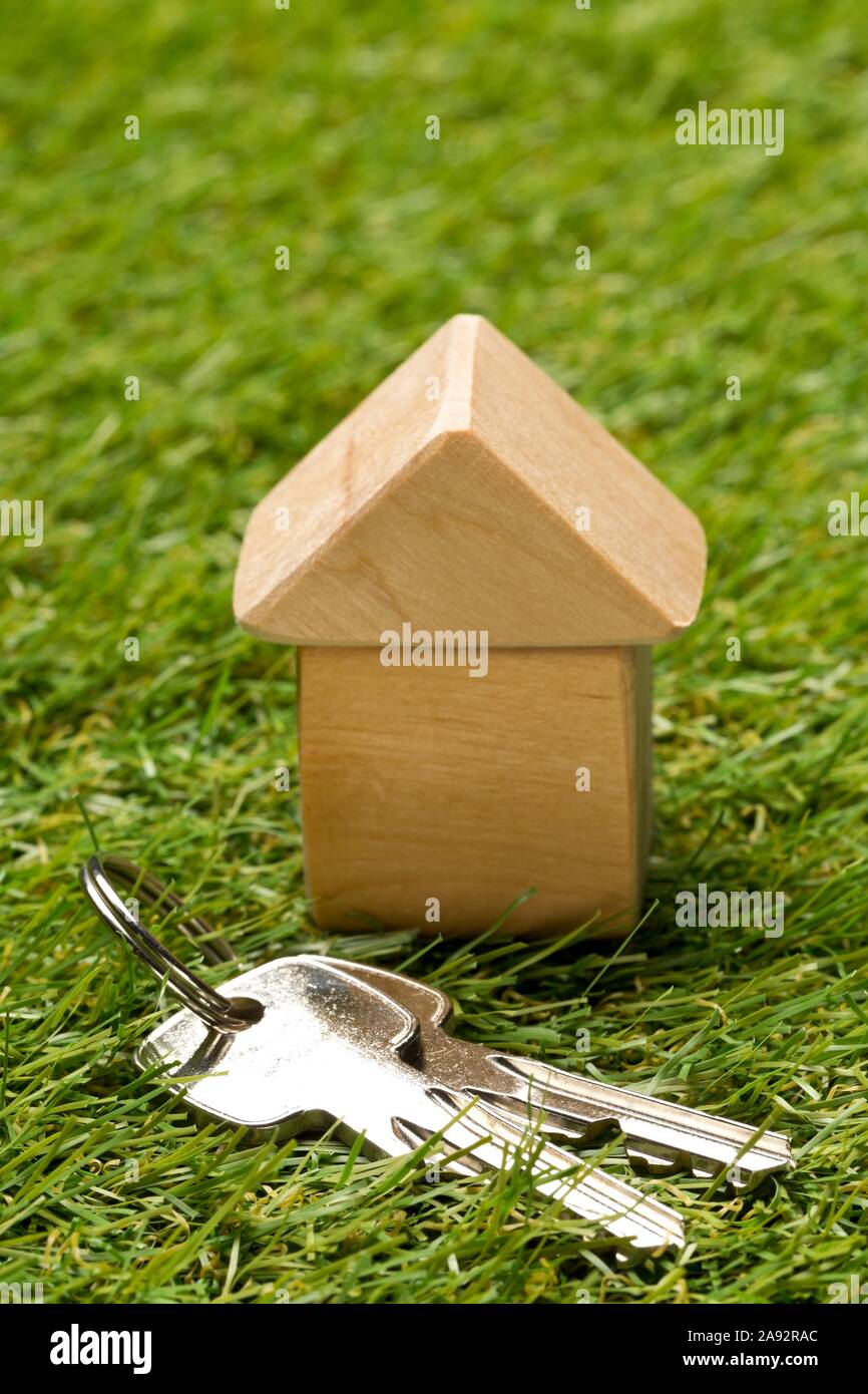 Modèle de maison miniature en bois peu sur fond d'herbe verte avec des clés de la maison écologique - vivant ou la construction de concept, selective focus Banque D'Images