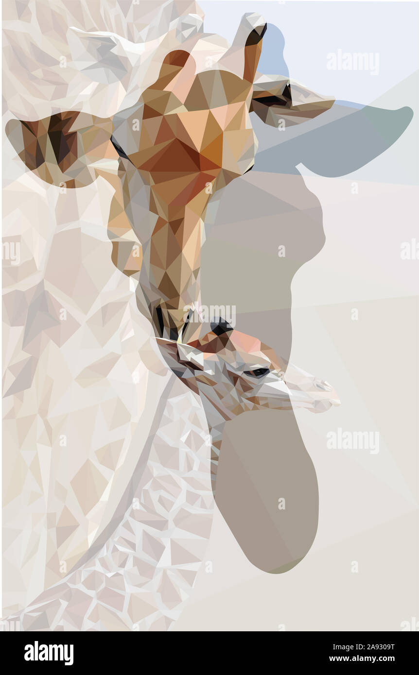 Low poly illustration d'une girafe et son enfant à l'intérieur de la forme d'une girafe's head Banque D'Images