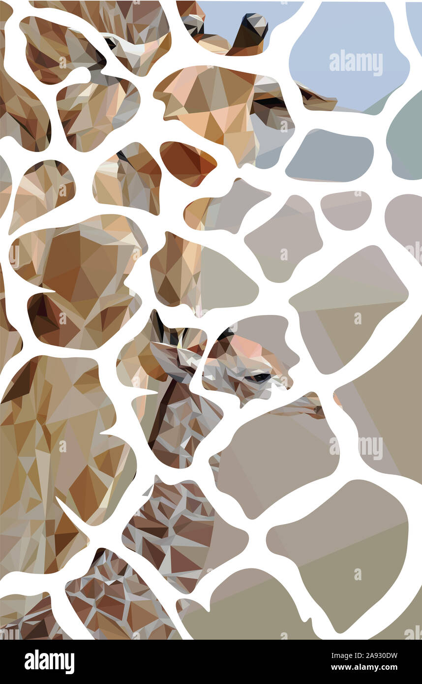 Low poly illustration d'une girafe et son enfant à l'intérieur de la forme du motif sur leur fourrure Banque D'Images