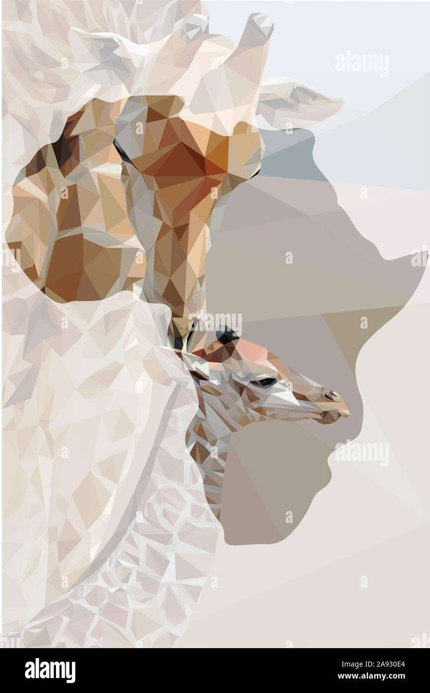 Low poly illustration d'une girafe et son enfant à l'intérieur de la forme de l'Afrique avec un arrière-plan Banque D'Images