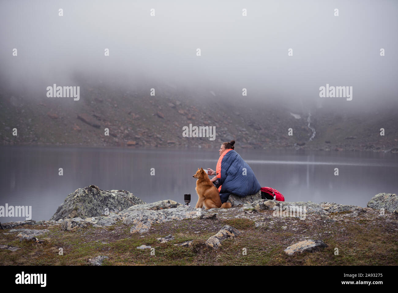 Femme avec chien au lac Banque D'Images