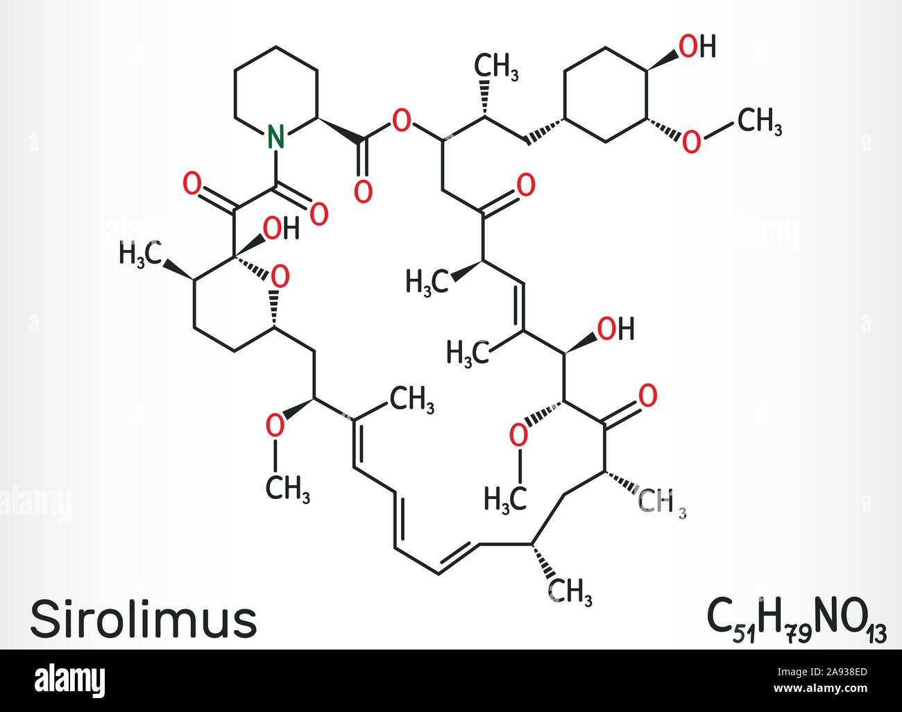 La rapamycine ou sirolimus. molécule est un macrolide composé avec l'immunosuppresseur fonctions. Formule chimique structurels. Vector illustration Illustration de Vecteur