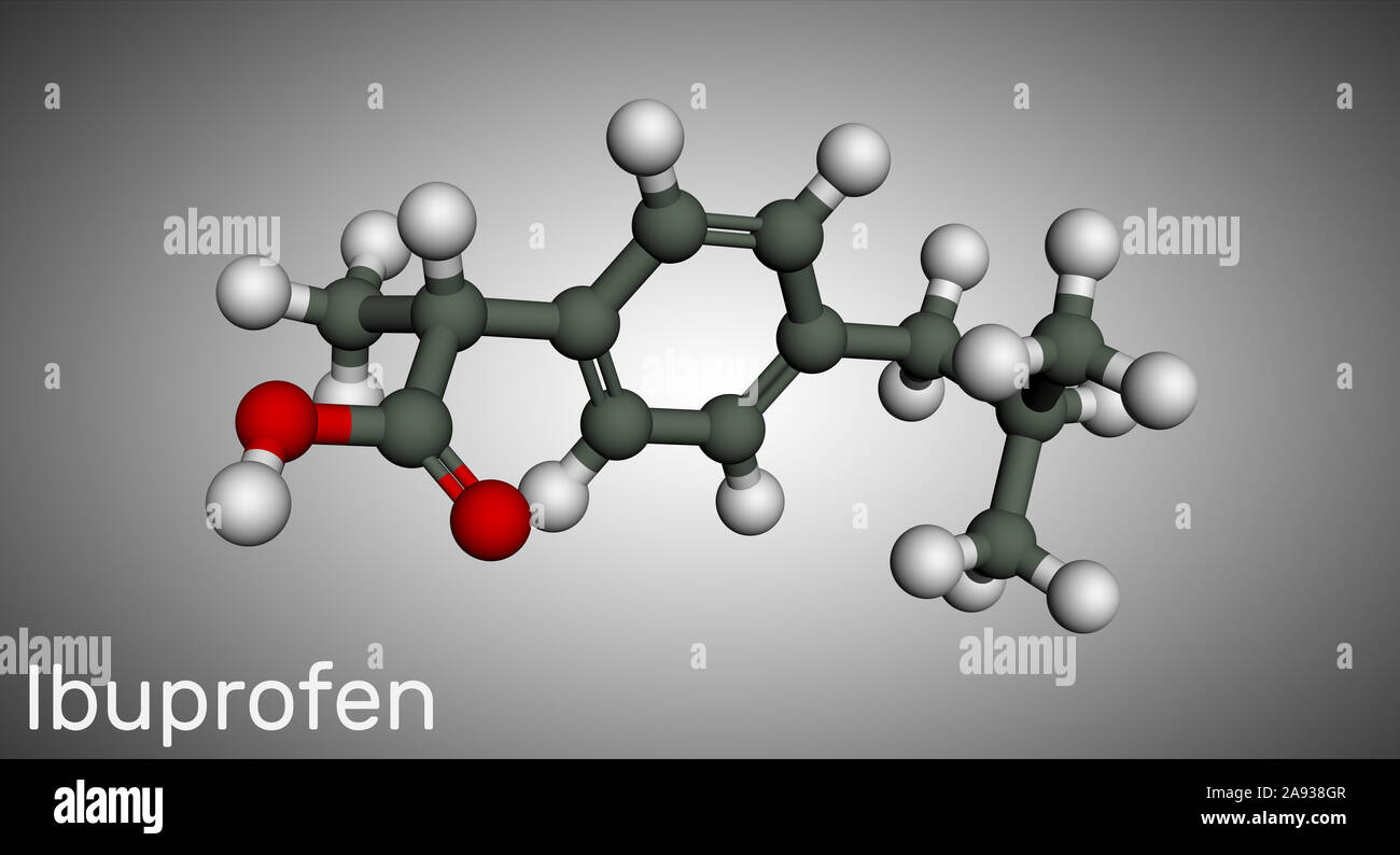 Molécule d'ibuprofène, est un anti-inflammatoire non stéroïdien (AINS)  médicament. Molécule modèle. Balle et bâton. Le rendu 3D Photo Stock - Alamy