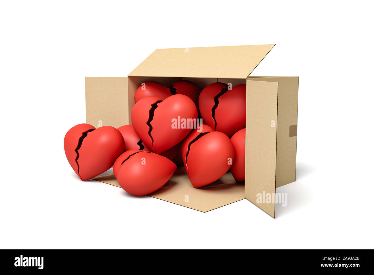 Le rendu 3D de boîte en carton couché oblique plein de cœurs brisés rouge. Banque D'Images