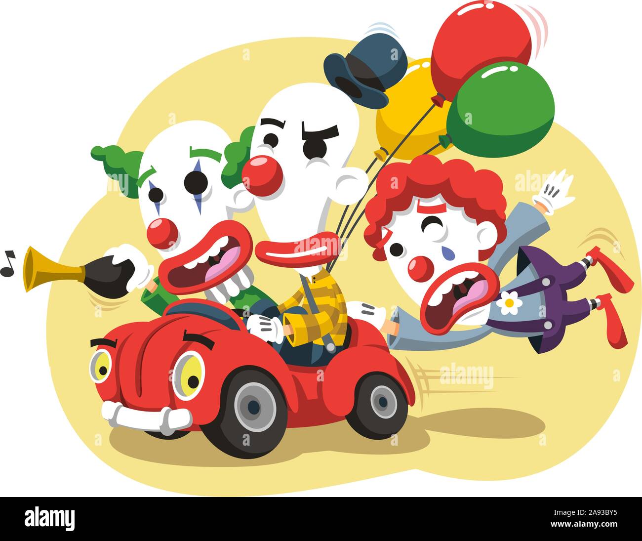 Clown de cirque en voiture de performance avec des ballons et de l'avertisseur sonore cartoon vector illustration Illustration de Vecteur