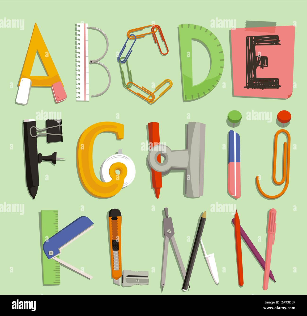 Des lettres avec des objets de fournitures de bureau, vector illustration cartoon. Illustration de Vecteur
