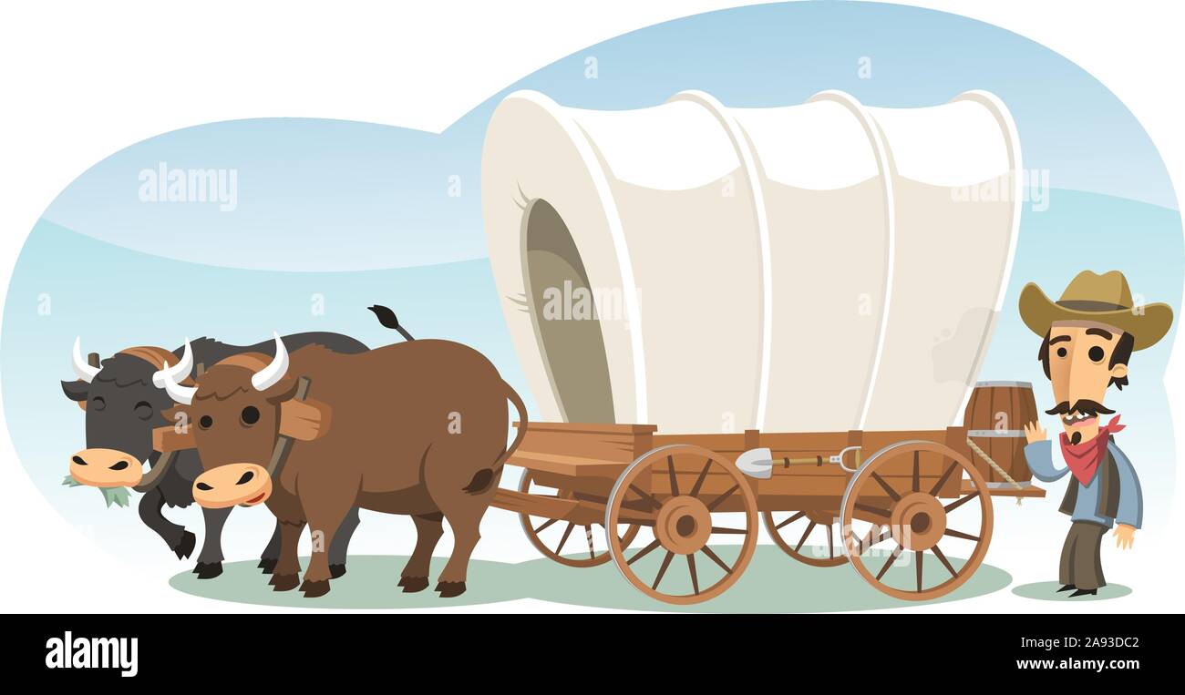 Pioneer avec chariot tiré par des animaux, vector cartoon illustration Illustration de Vecteur