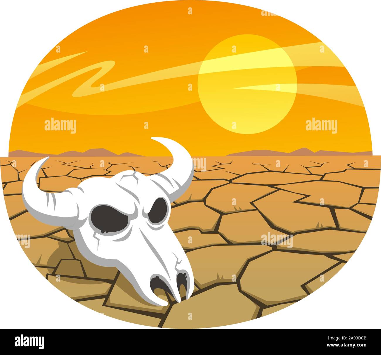 Crâne de vache dans le désert au coucher du soleil, vector illustration cartoon Illustration de Vecteur