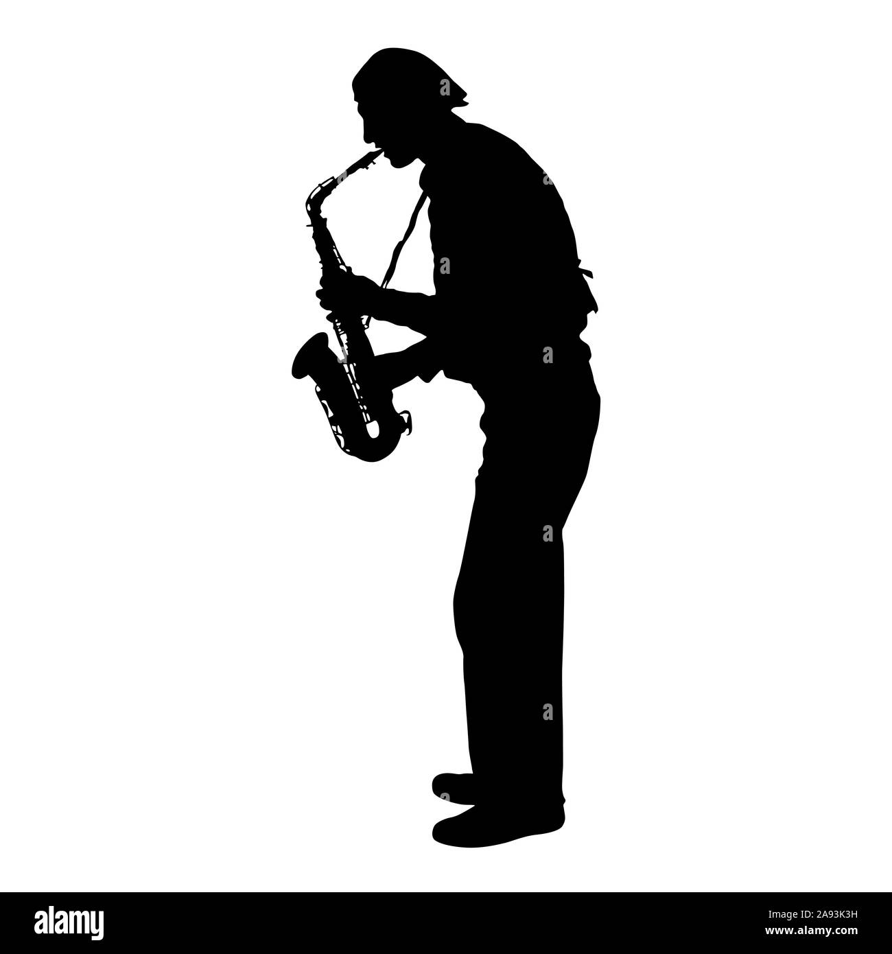 Silhouette de musicien jouant du saxophone sur un fond blanc. Banque D'Images Silhouette de musicien jouant du saxophone sur un fond blanc. Banque D'Images