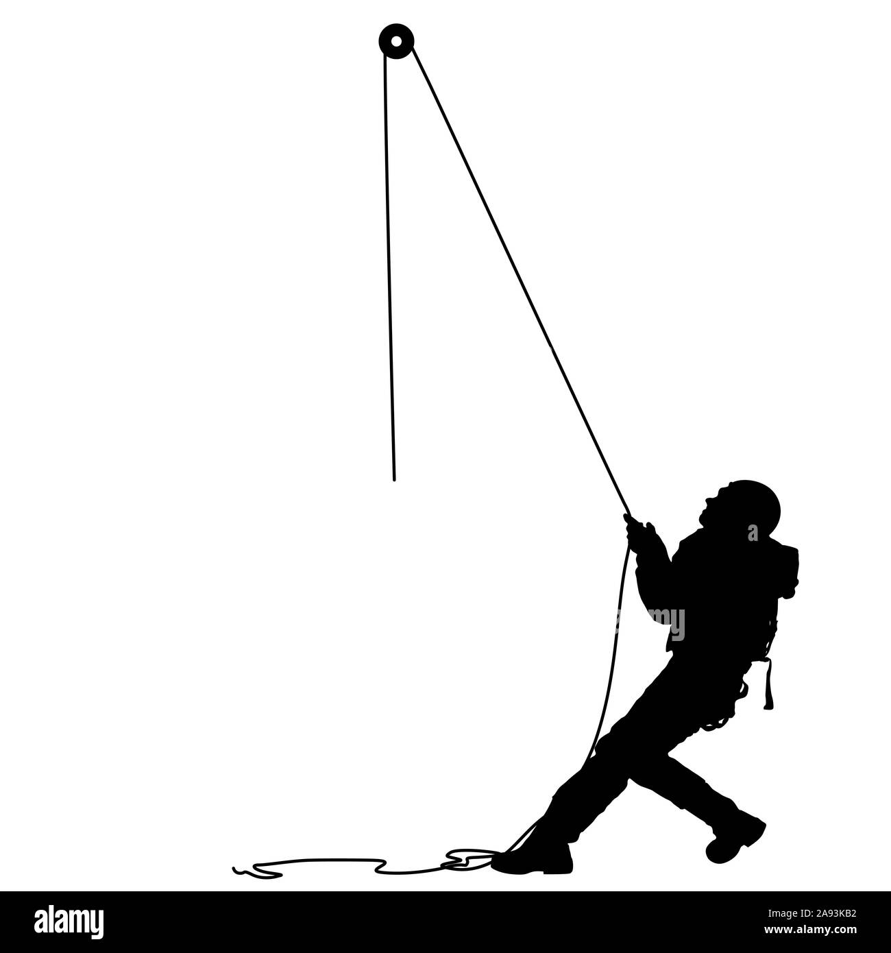 Silhouette noire artisan tirant corde sur fond blanc. Banque D'Images