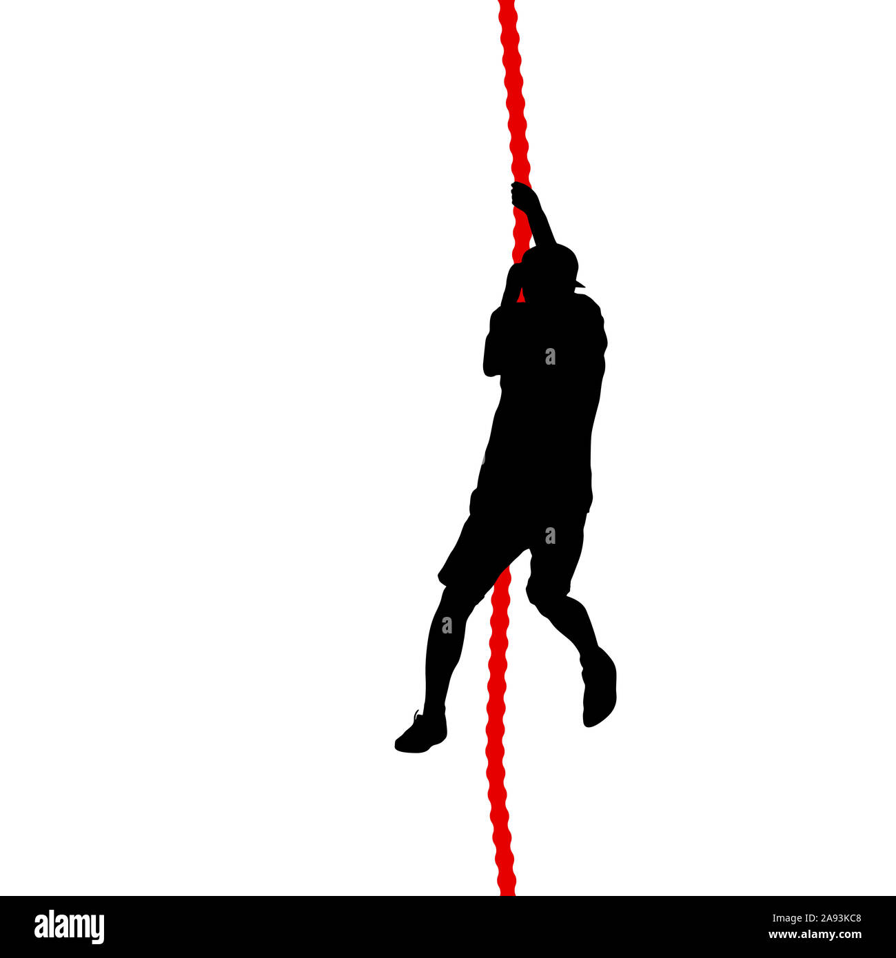 Silhouette noire escalade alpiniste un fil sur les mains. Banque D'Images