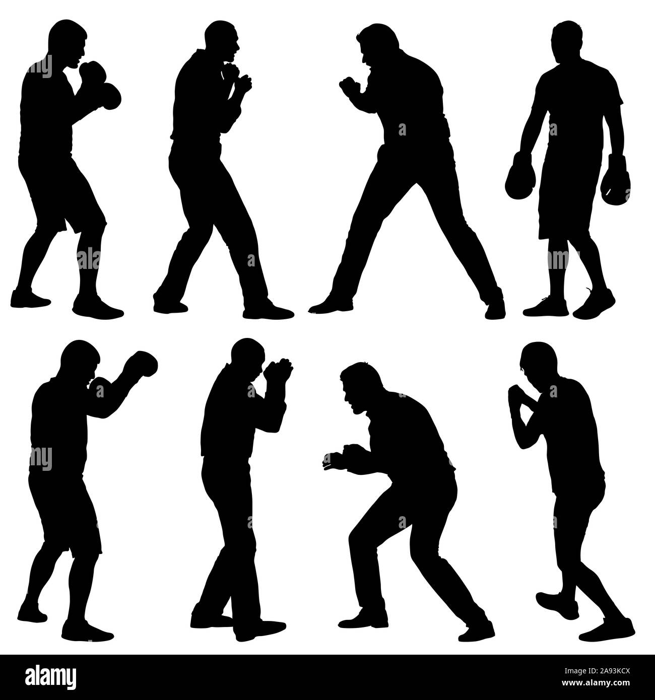 Ensemble Noir silhouette d'un athlète boxer sur un fond blanc. Banque D'Images