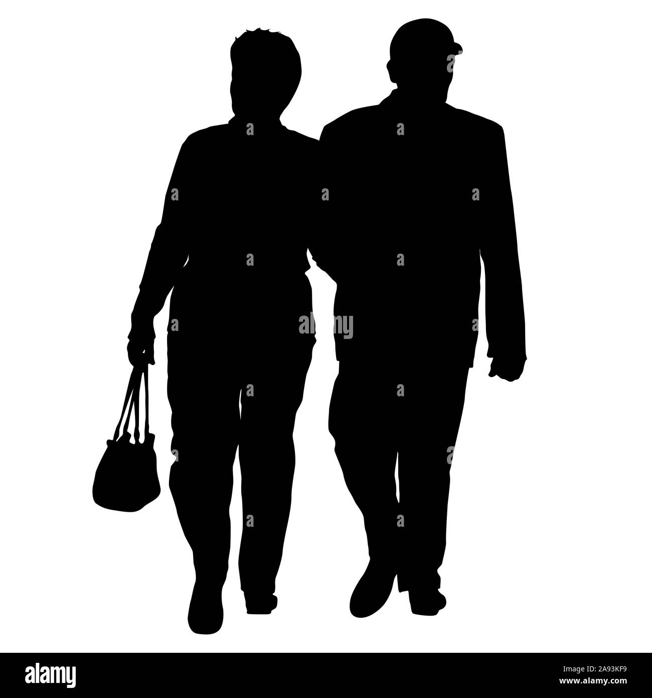 Silhouette homme et femme marche main dans la main. Banque D'Images