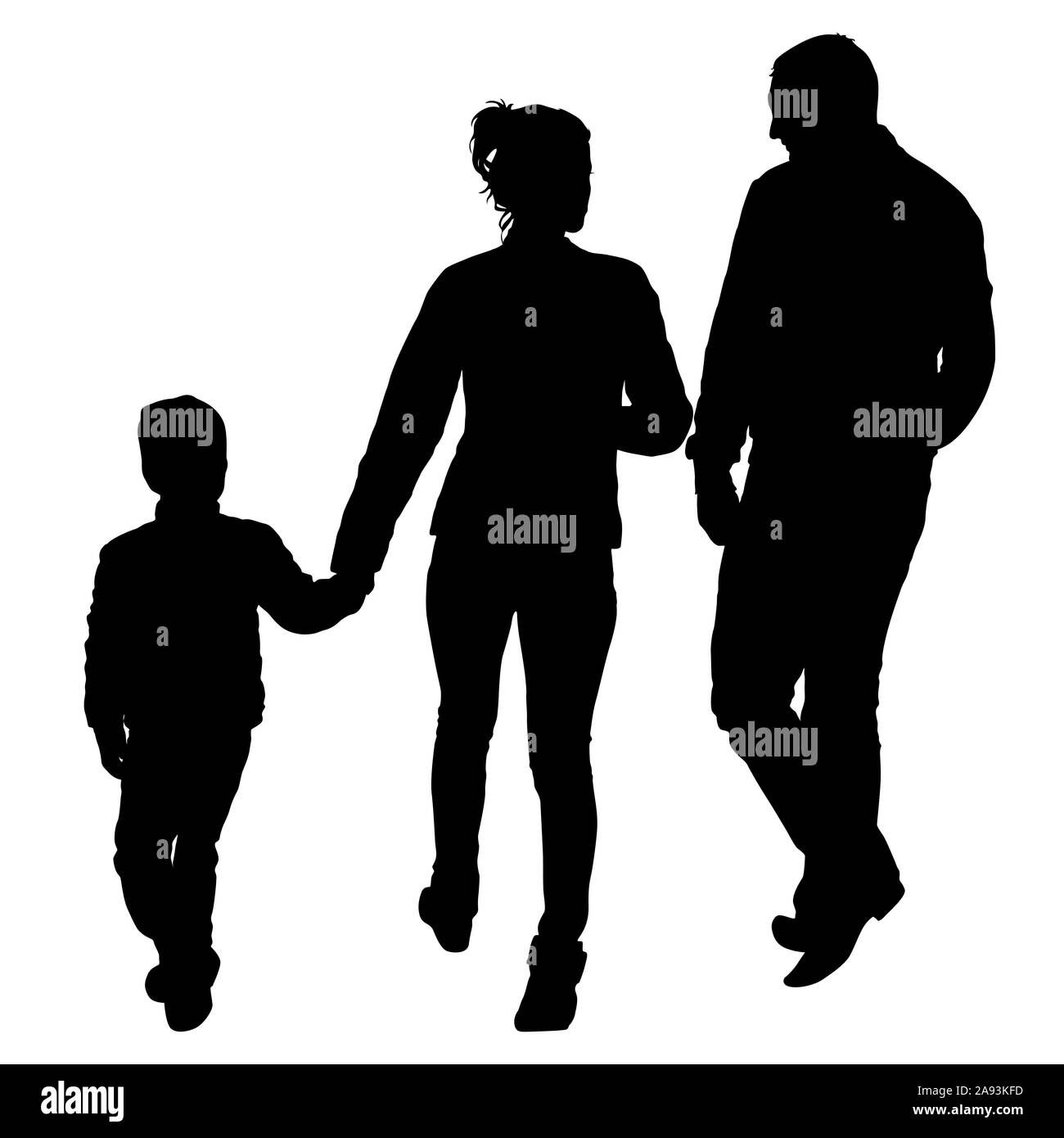 Silhouette d'une famille heureuse sur un fond blanc. Banque D'Images