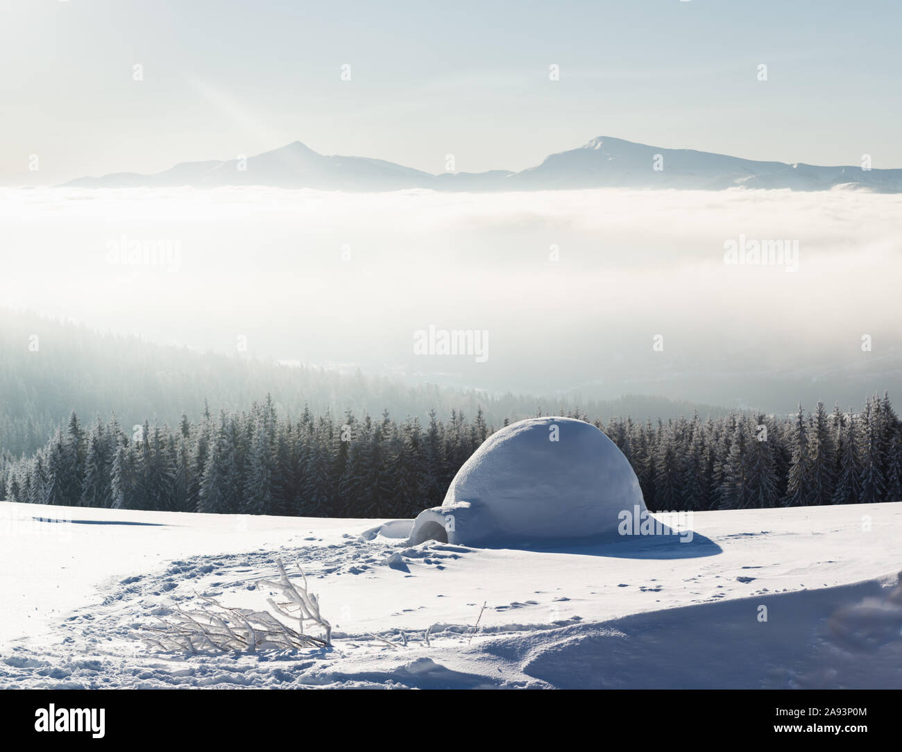 La vraie neige maison igloo en hiver montagnes des Carpates. Sapins couverts de neige et des pics de montagne dans le brouillard sur l'arrière-plan Banque D'Images