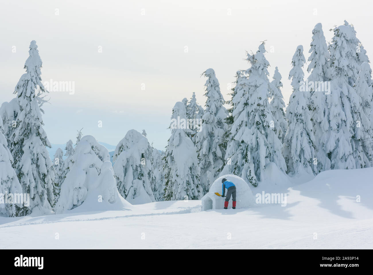 L'homme à veste bleue igloo construction dans la haute montagne. Scène d'hiver fantastique Banque D'Images