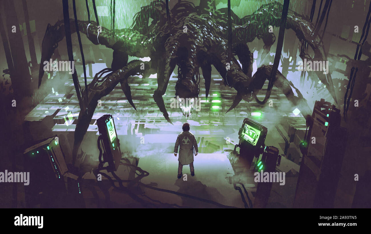 Le scientifique de la création d'une araignée monstre dans un laboratoire, art numérique, peinture style illustration Banque D'Images
