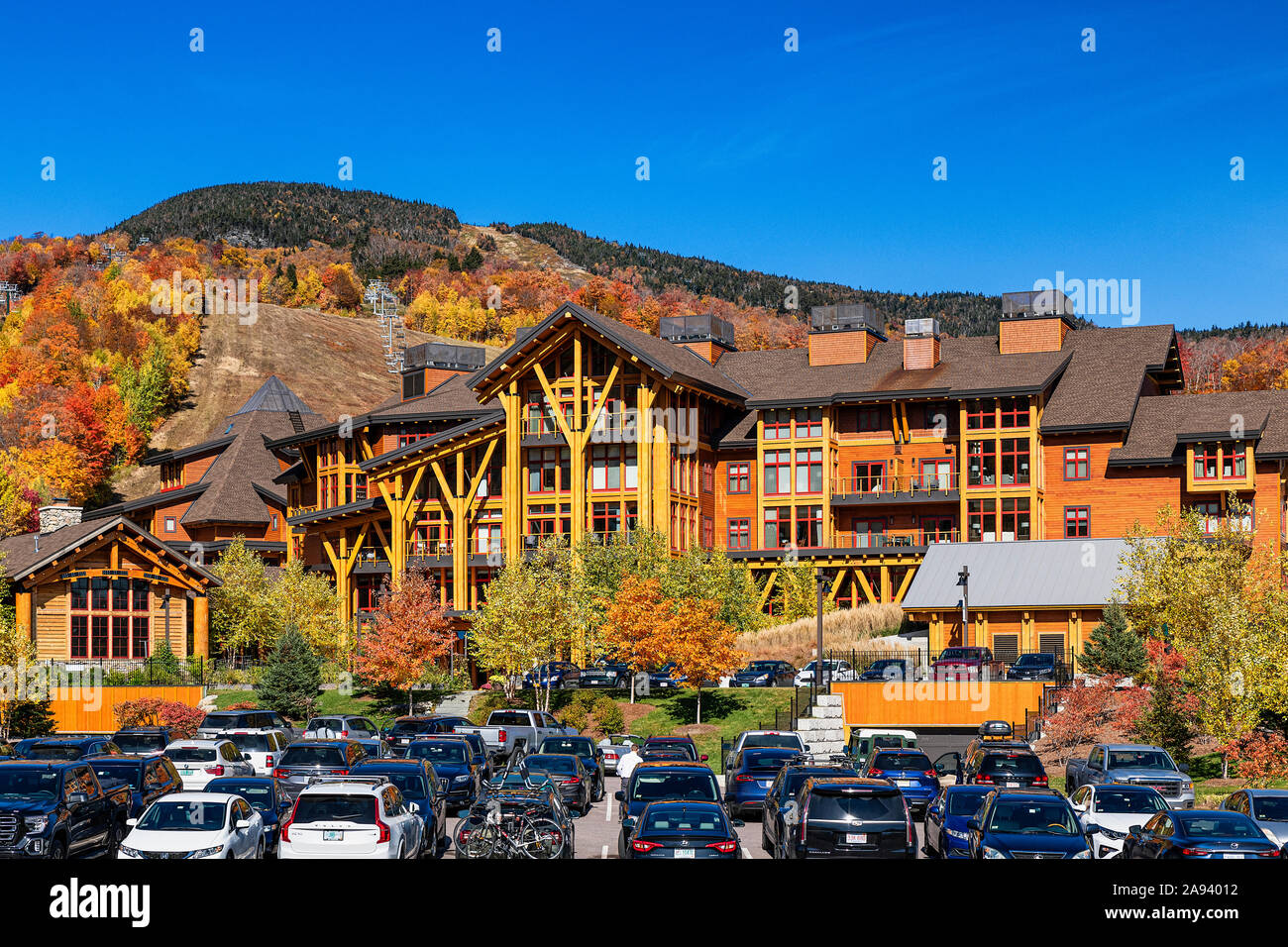 Le Lodge de Spruce Peak ski resort, New York, USA. Banque D'Images