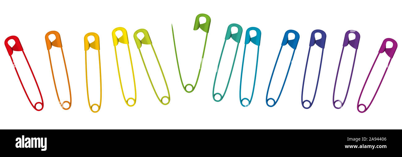 Goupilles de sécurité coloré. Lot de 12 broches de couleur arc-en-ciel bébé dans une rangée - illustration sur fond blanc. Banque D'Images