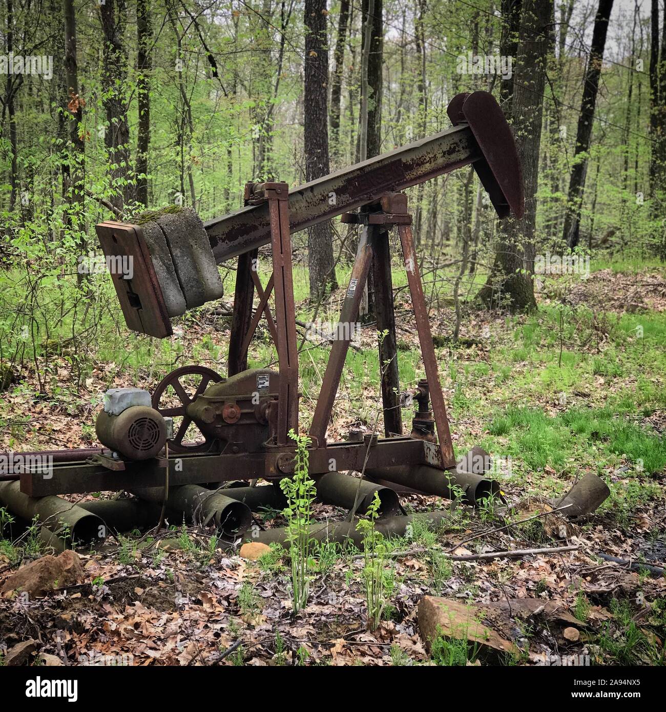 Unique, vieux, derrick de pétrole dans les bois de Pennsylvanie. Banque D'Images