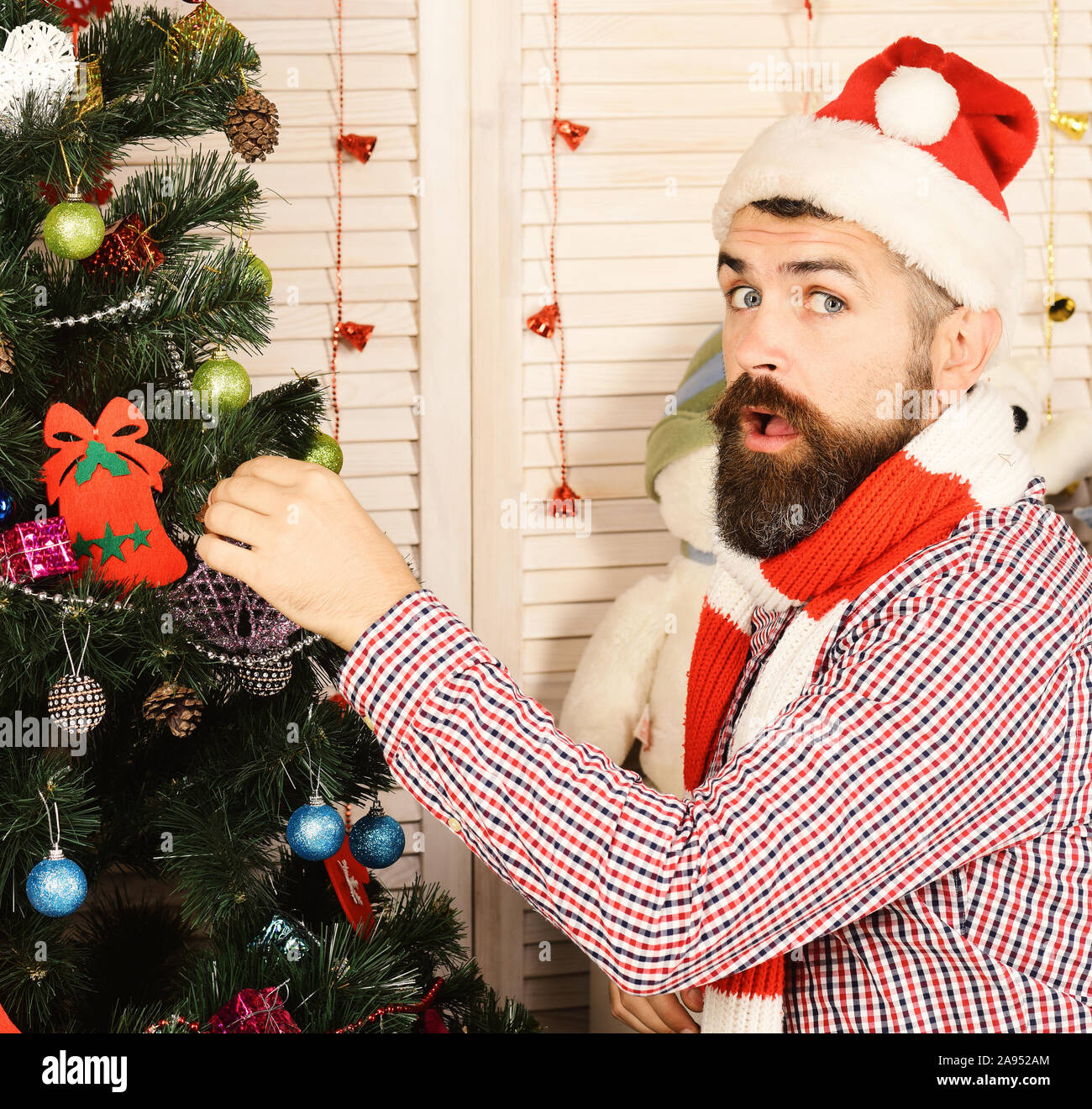 Guy en bonnet et écharpe se distingue par sapin. Festivals et décoration  concept. Père Noël avec visage surpris sur fond rouge maison de guirlandes.  L'homme avec l'arbre de Noël décore la barbe