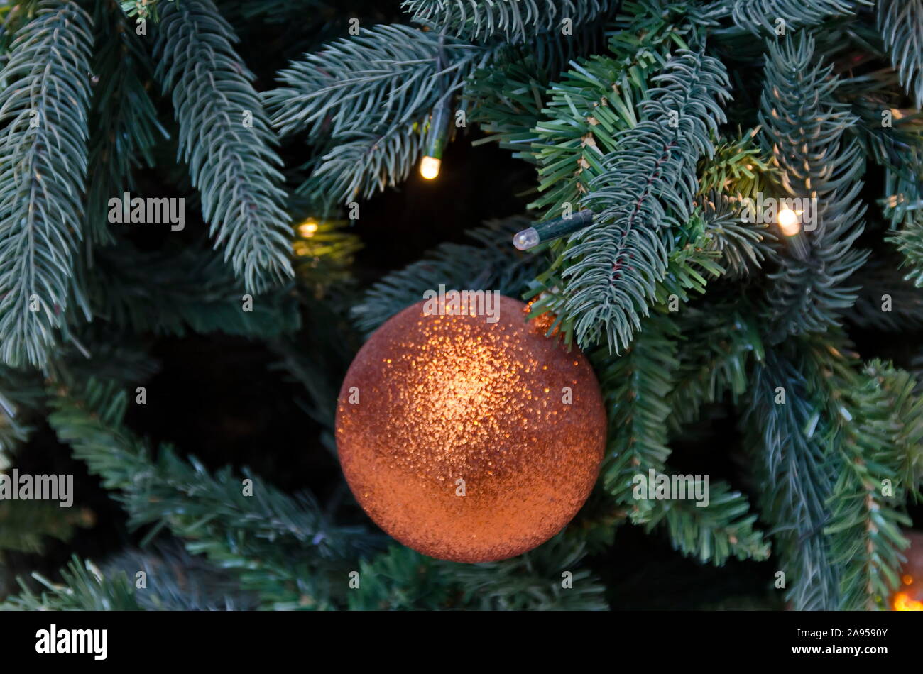 Bal de Noël coloré accroché sur une branche d'un arbre de Noël, Sofia, Bulgarie Banque D'Images