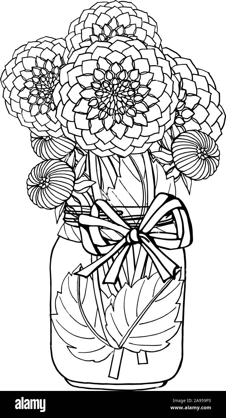 Hand drawn doodle Style : Noir et blanc bouquet de dahlia fleurs dans vase pot Mason. isolé sur fond blanc. Illustration de Vecteur