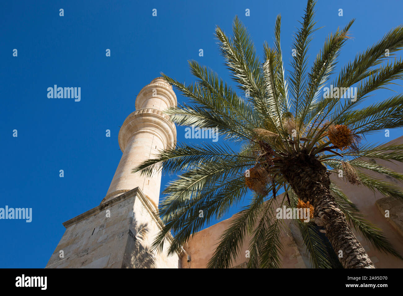 Chania, Crète, Grèce. Palmier et minaret de l'église orthodoxe grecque d'Agios Nikolaos, autrefois mosquée. Banque D'Images