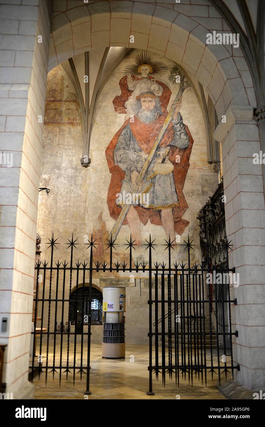 Peinture murale, fresque Saint Christophe, la cathédrale de Marie, la cathédrale de Notre Dame, Augsbourg, Bavière, Allemagne Banque D'Images