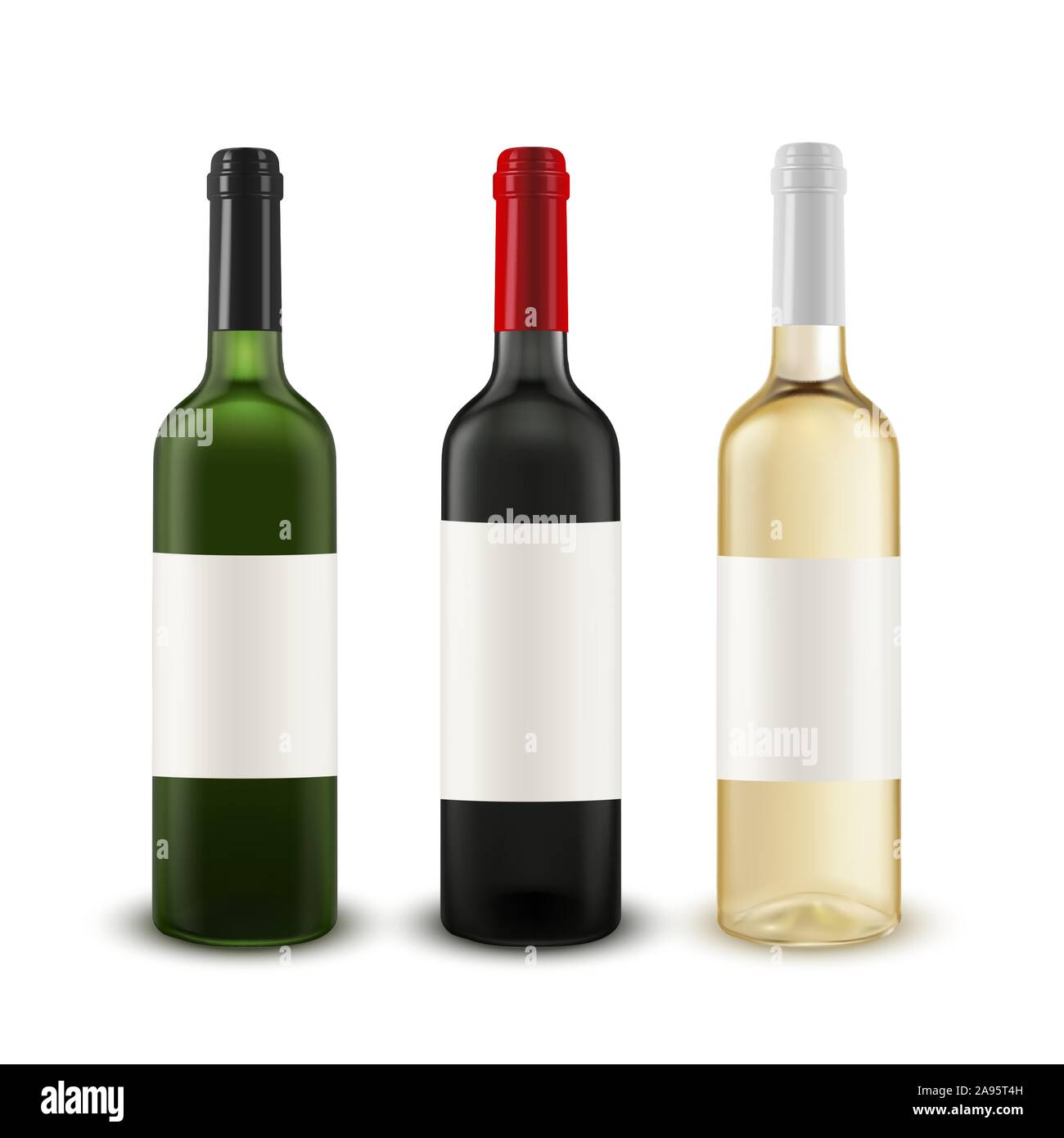 Vector set réaliste de bouteilles de vin de différentes couleurs de verre. Illustration de Vecteur