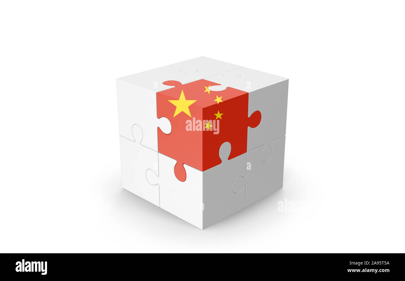 Drapeau chinois sur cube 3D Puzzle isolé contre l'arrière-plan blanc. Image 3D réaliste avec beaucoup d'espace pour votre copie du design les besoins des cultures. Banque D'Images