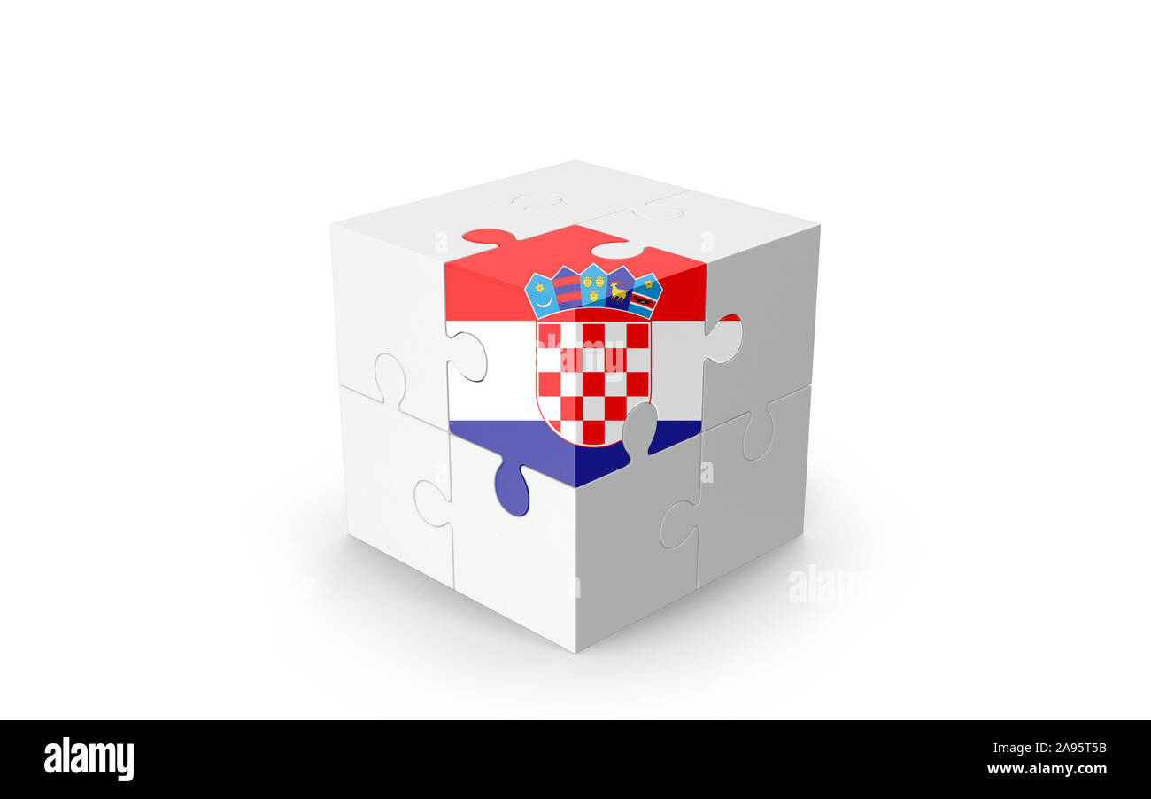 Drapeau croate sur cube 3D Puzzle isolé contre l'arrière-plan blanc. Image 3D réaliste avec beaucoup d'espace pour votre copie du design les besoins des cultures. Banque D'Images
