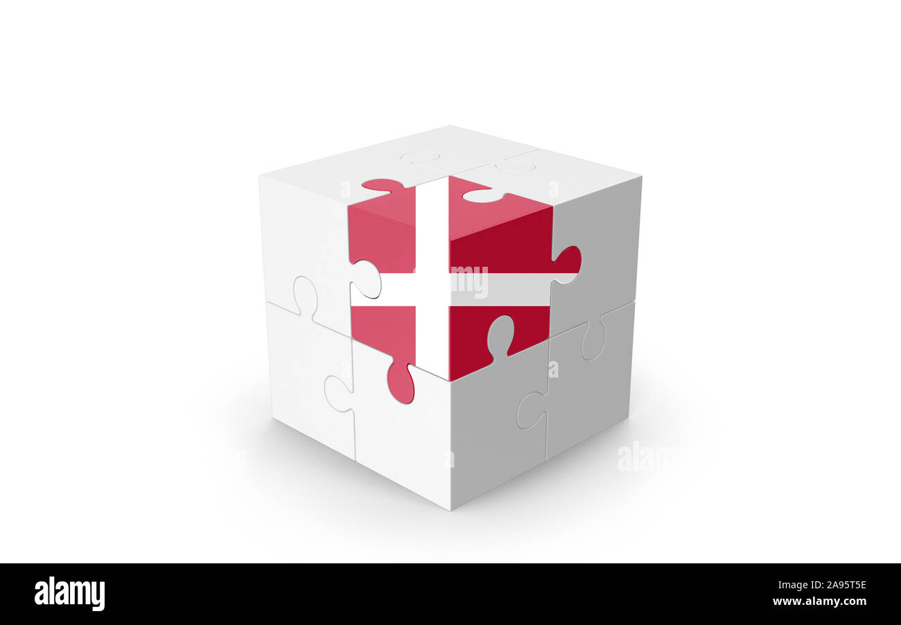 Drapeau danois sur cube 3D Puzzle isolé contre l'arrière-plan blanc. Image 3D réaliste avec beaucoup d'espace pour votre copie du design les besoins des cultures. Banque D'Images